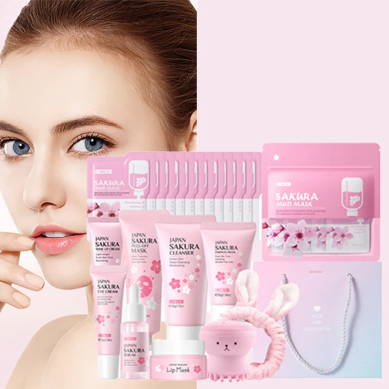 Sakura Hydrating Skincare Set – Cleanser, Eye Cream, Facial Oil, Lip Mask & Peel-Off Mask