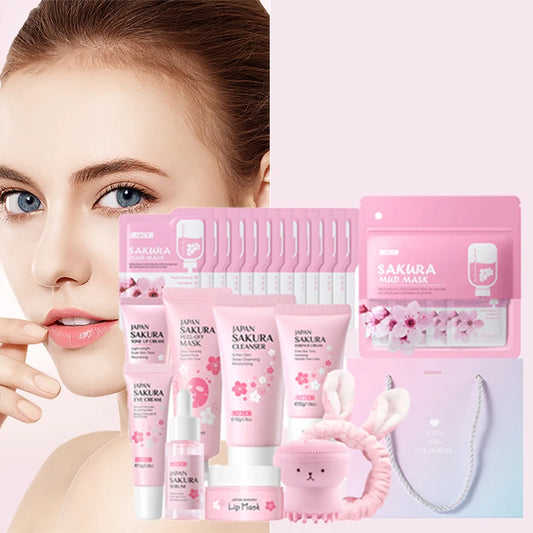 Sakura Hydrating Skincare Set – Cleanser, Eye Cream, Facial Oil, Lip Mask & Peel-Off Mask